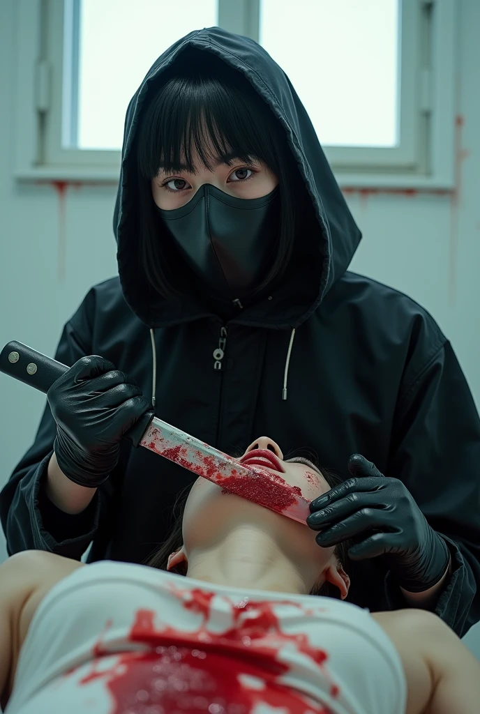 korean girl, (behind stiff, holding knife), stabbing, leather balaclava mask, black gloves, bloody room, black raincoat, bloody knife, black gloves, woman on top, white room, behind cadaver, blood splatter, on the bed, looking at viewer, mass murderer, killer, blood splatter, light from the window, close-up,
