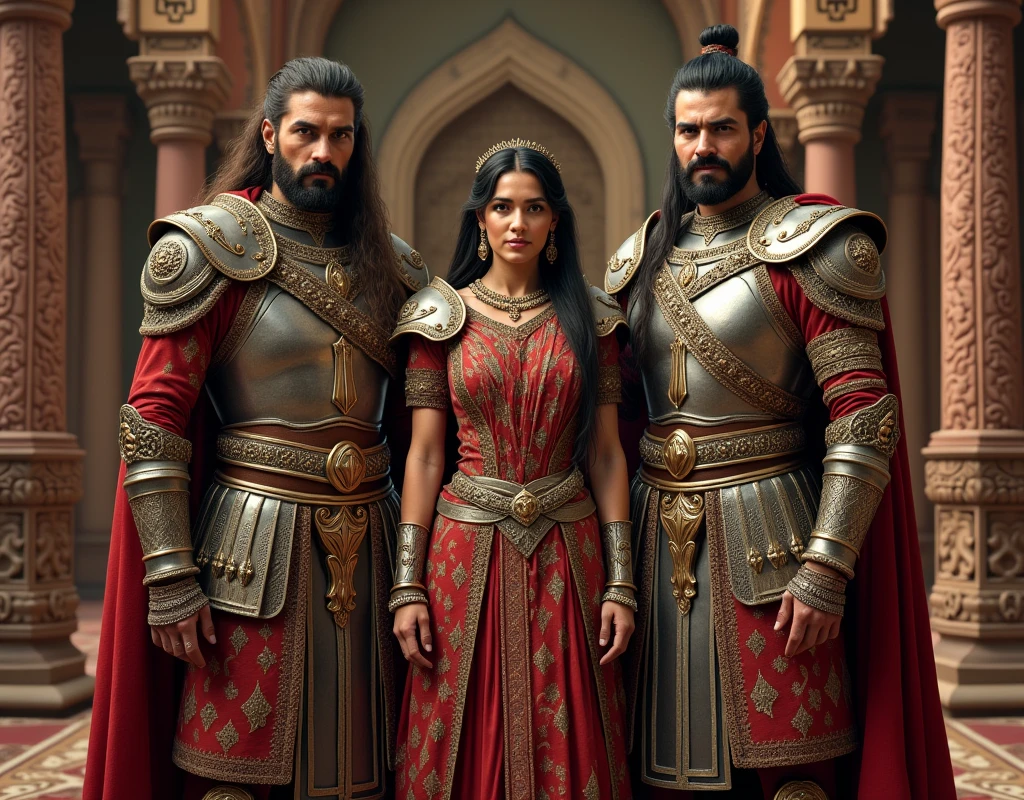 Two rajput warrior and a female rajput warrior standing in our room, the rajput kingdom , the two rajput warrior and female rajput warrior , he was standing in the room , in the room , room , the two warrior  talking together