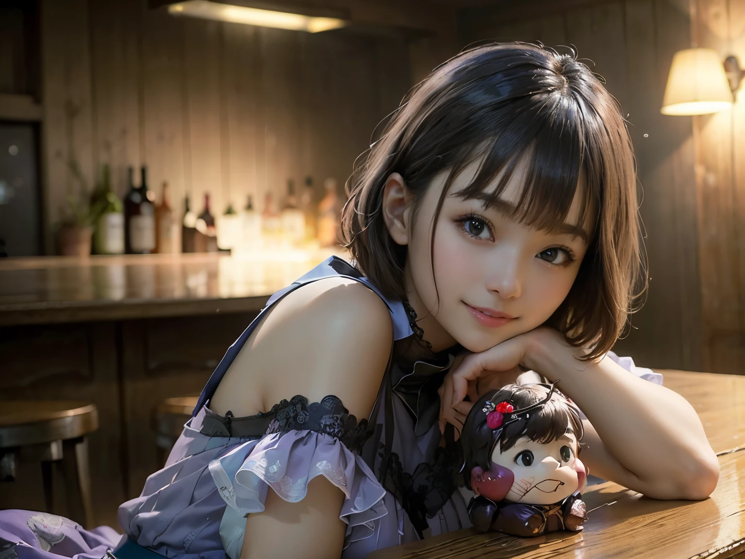 (Highest quality, masterpiece, Ultra-high resolution, 8k, RAW Photos, Realistic, Anatomically correct:1.5), 20-year-old girl:1.2, Embarrassing, avert your eyes, blush:1.0, View Viewer, ((bar)) 、Large windows、Night view、 Light:1.2, Bokeh, Cinema Lighting:1.0, Depth of written boundary, sharp、 Cute Face、Idol、(Black short sleeve lace top)、(Black tulle skirt)、(Purple clothes)、(Green patterned clothes)、”dwarf”、(Full Body Shot)、(Side angle)、Cowboy Shot、( smile)、((Ultra short hair、Berry Short))、(Straight bangs)、((See-through))、(( One woman))、look back、I can see your belly button、