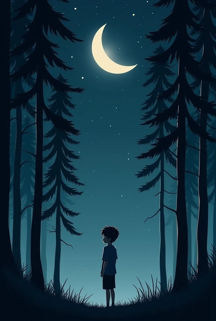 Boy looking at the half moon at night, stars long trees, alone and sad