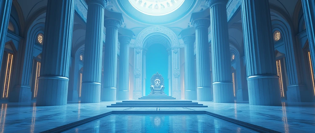 Design the homepage of a website for the Kingdom of Aetheria. The homepage should feature a grand, futuristic welcome with a sleek interface, including a logo of Aetheria, with a minimalist yet modern design, utilizing the symbols previously created to represent Aetheria. a close up of a futurist room with statues and a big throne in the center. The overall theme should be clean, elegant, and futuristic. Blue and cream color, ultra-resolution, intricately detailed, full shot, from face, 8k by Helmut Newton.