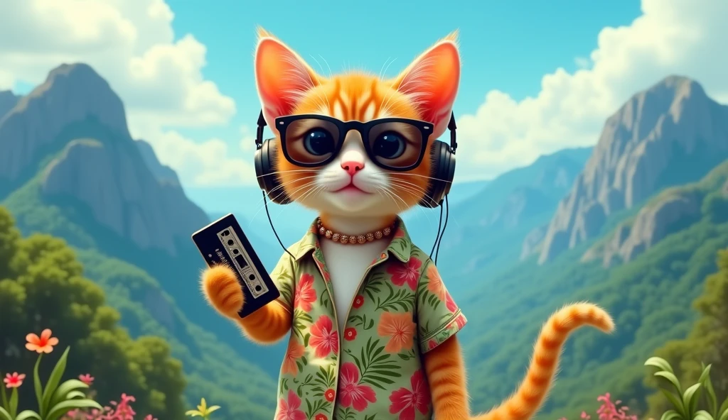 1920x1080 16:9 Perfect Centering, Cute kitten, Wear Aloha, Wear sunglasses, Wearing headphones and holding a cassette tape, Standing position, Abstract Beauty, Centered, Looking into the camera, To the camera, Near perfect, dynamic, Jamaica's Blue Mountains and John Crow Mountains、Very detailed, Digital Painting, artステーション, コンセプトart, Smooth, Sharp focus, 8k, High resolution, shape, art:Karn Griffiths and Vadim Kashin, world heritage