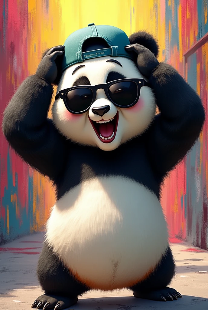 An animated graffiti-style panda with black sunglasses and a backwards cap,hands on head demonstrating "EMOTION" 