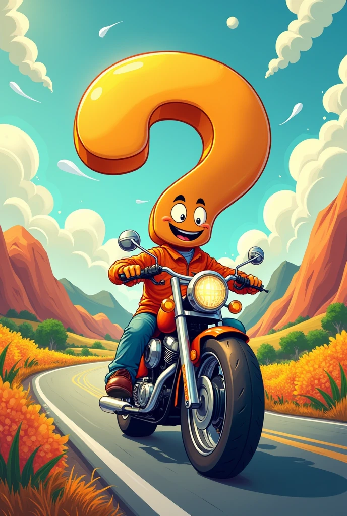 Cartoon Question Mark(?) , driving a motorbike
