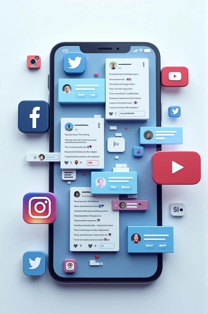 An image showing a mobile phone or computer screen, with multiple windows or notifications from different social networks open at the same time. On the screen, You can see icons and fragments of applications such as Facebook, Instagram, Twitter, youtube, WhatsApp, On TikTok, showing posts, Messages, and videos. The background is neutral and does not distract from the content of the screen., which is focused on highlighting the saturation of information and the variety of interactions that these platforms offer.. The image should convey the idea of a constant flow of information and communication., not including elements such as hands or human figures