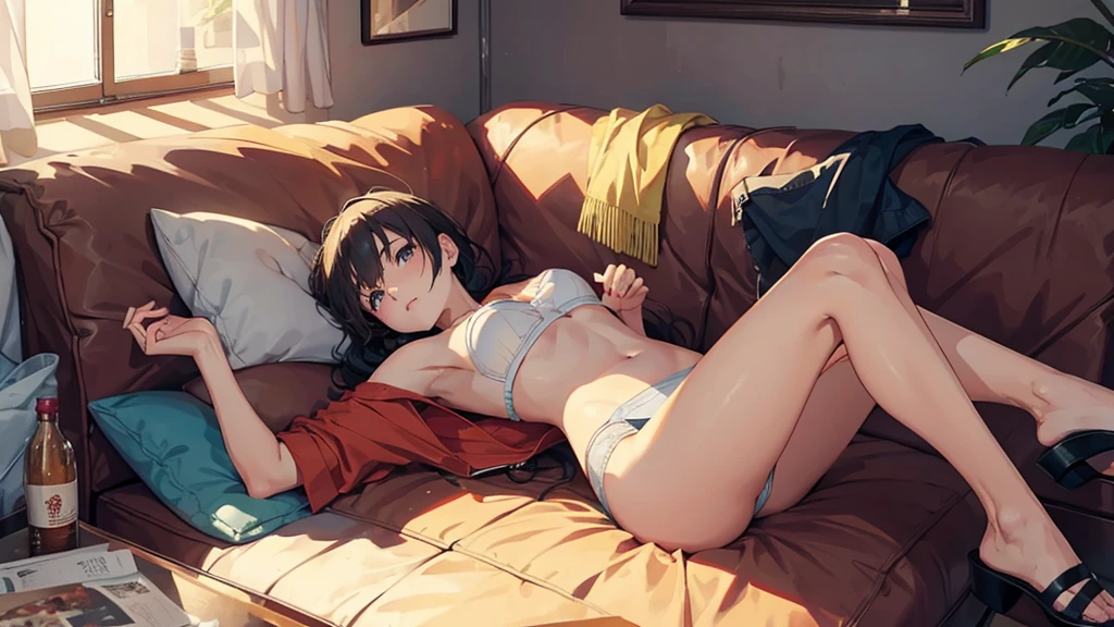 Highest quality, (alone:1.1),Drunk young woman, In underwear,Lying on the sofa,Discarded clothes are scattered around the sofa., Bird's-eye view, from a little distance, Red face, Eyes are unfocused, laughing, Feeling elevated, Highest quality,豪華なディティールのIn underwear, There are empty liquor cans scattered around,Sleeping face down, Half-open eyes, The curves of her breasts are impressive,Sensual,