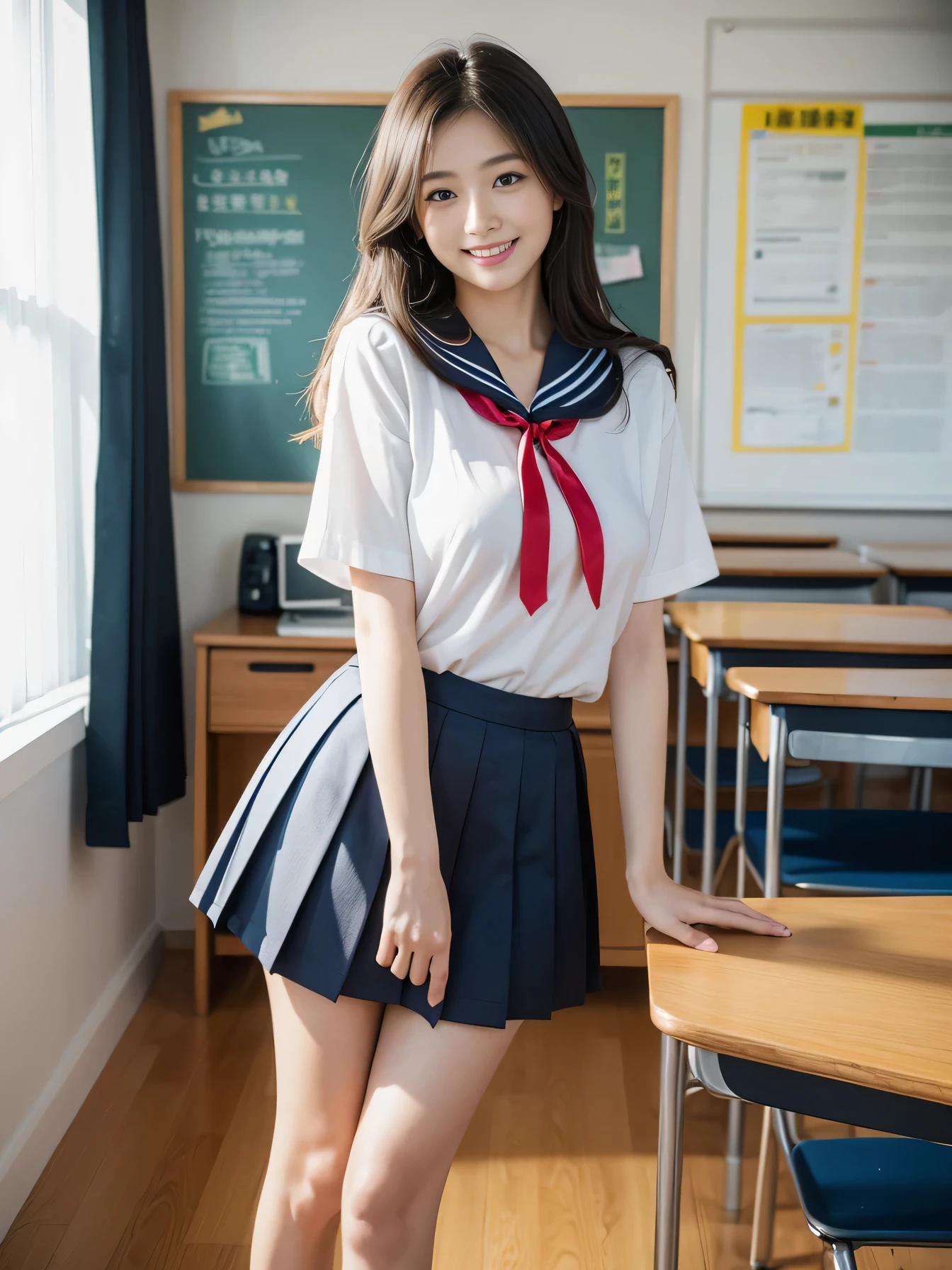 (((Good weather)))、(((Looking through the window glass、Up close composition)))、(((High school girls)))、((One girl)), ((Highest quality)), (Very detailed), (Very detailed CG synthesis 8k wallpaper), Very detailed, High resolution RAW color photos, Professional photography, Black Hair, Long Hair、Great face and eyes, ((Traditional sailor uniform、White top with a navy ribbon、Black pleated skirt)), (((Beautiful ))), (Stunningly beautiful alone), Depth of written boundary、((High resolution、Detailed classroom scene、Modern Schools、Classroom interior、Wooden desk and chair、Blackboard and whiteboard、Educational posters on the walls、Fluorescent lights on the ceiling、Bright and clean atmosphere、Polished wooden floor、Realistic texture、Depicting every detail、4K quality、Ultra high definition、Professional Writing、illumination: "Soft natural light、Even fluorescent light illumination from the ceiling、Even brightness with minimal shadows" Farbe: "Warm Farbes、Walls are in soft pastel Farbes" composition: "Wide-angle shot、View of the entire room))、((Long Hairの、smile))