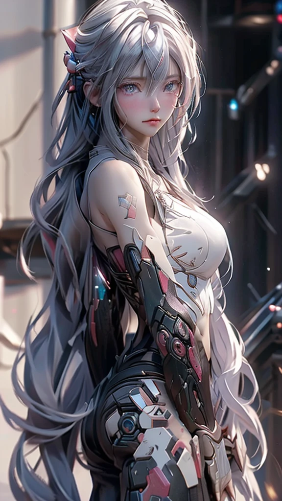 ((masterpiece)), (detailed:1.4),Realistic、 Images of cyberpunk women,Dynamic pose、A dynamic pose、High resolution(High Dynamic Range),Ray Tracing,NVIDIA,Super Resolution,PBR Textures,Post-processing,Anisotropic Filtering,Maximum depth of field resolution and crisp layer textures,Albedo and Specular Maps,Surface Shading,Accurate simulation of material interactions,Perfect balance,Rendering with Octane,2-color light,Large Diameter,Low ISO,White balance,Rule 3 points、8K raw data、Backlight、(Gray hair that changes with light、length bangs that block the view、length, Lustrous gray hair、Smooth and straight hair、WHITE hair fluttering in the wind、Beautiful Bangs)、(Beautiful, glowing skin、Cheek gloss highlight、Sexy and very beautiful and adorable face、The most beautiful face in the world、big, Sparkling blue eyes)、(Cute 2 girl、Ample breasts、Small waist、Delicate shoulders、Perfect figure)