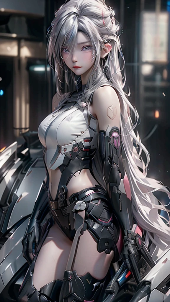 （（masterpiece））， （detailed：1.4），Realistic、 Images of cyberpunk women，Dynamic pose、A dynamic pose、High resolution（High Dynamic Range），Ray Tracing，NVIDIA，Super Resolution，PBR Textures，Post-processing，Anisotropic Filtering，Maximum depth of field resolution and crisp layer textures，Albedo and Specular Maps，Surface Shading，Accurate simulation of material interactions，Perfect balance，Rendering with Octane，2-color light，Large Diameter，Low ISO，White balance，Rule 3 points、8K raw data、Backlight、（Gray hair that changes with light、length bangs that block the view、length, Lustrous gray hair、Smooth and straight hair、WHITE hair fluttering in the wind、Beautiful Bangs）、（Beautiful, glowing skin、Cheek gloss highlight、Sexy and very beautiful and adorable face、The most beautiful face in the world、big, Sparkling blue eyes）、（Cute 2 girl、Ample breasts、Small waist、Delicate shoulders、Perfect figure）
