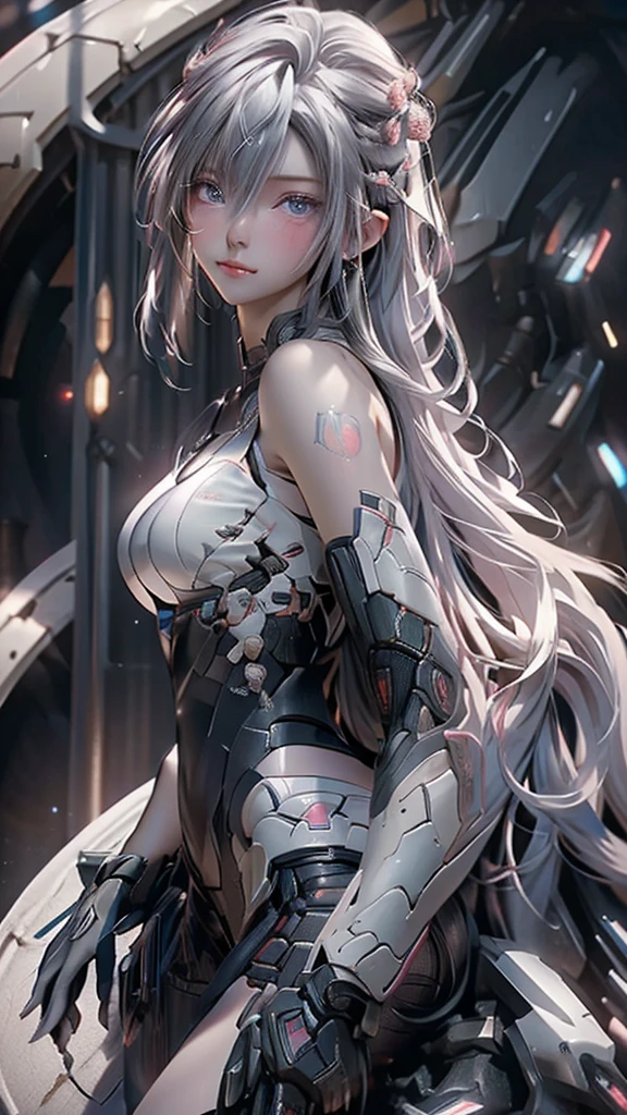 ((masterpiece)), (detailed:1.4),Realistic、 Images of cyberpunk women,Dynamic pose、A dynamic pose、High resolution(High Dynamic Range),Ray Tracing,NVIDIA,Super Resolution,PBR Textures,Post-processing,Anisotropic Filtering,Maximum depth of field resolution and crisp layer textures,Albedo and Specular Maps,Surface Shading,Accurate simulation of material interactions,Perfect balance,Rendering with Octane,2-color light,Large Diameter,Low ISO,White balance,Rule 3 points、8K raw data、Backlight、(Gray hair that changes with light、length bangs that block the view、length, Lustrous gray hair、Smooth and straight hair、WHITE hair fluttering in the wind、Beautiful Bangs)、(Beautiful, glowing skin、Cheek gloss highlight、Sexy and very beautiful and adorable face、The most beautiful face in the world、big, Sparkling blue eyes)、(Cute 2 girl、Ample breasts、Small waist、Delicate shoulders、Perfect figure)