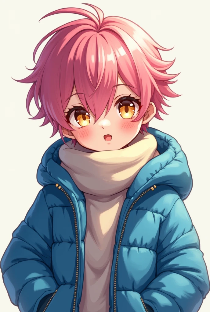 Make an anime boy with pink hair and golden eyes and make him wear a blue winter outfit