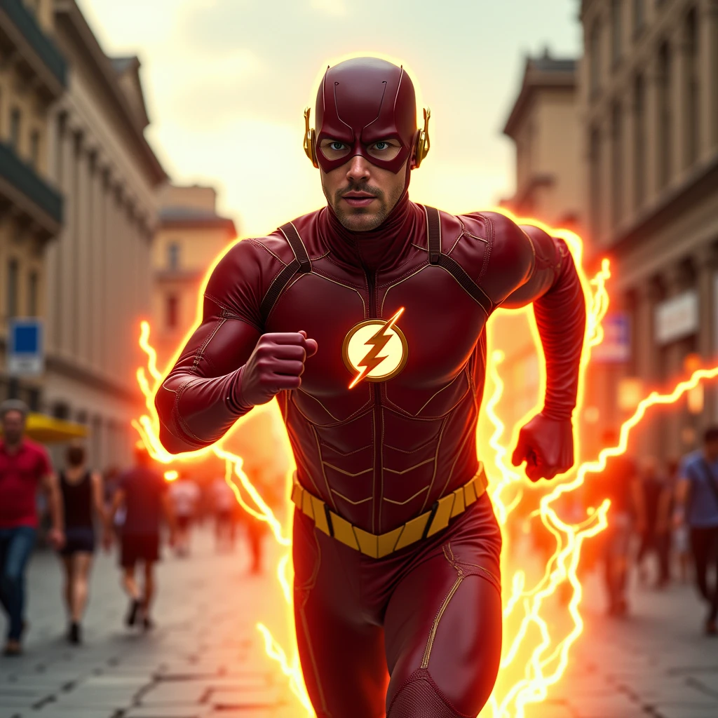 The flash running in superspeed with orange lightning trails behind him, he is in greece athens syntagma square, detailed skin, detailed realistic suit, super speed, hyperrealism, photo, 4k, realistic, photography, greece athens syntagma square,