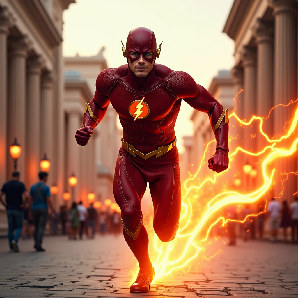 The flash running in superspeed with orange lightning trails behind him, he is in greece athens syntagma square, detailed skin, detailed realistic suit, super speed, hyperrealism, photo, 4k, realistic, photography, greece athens syntagma square,