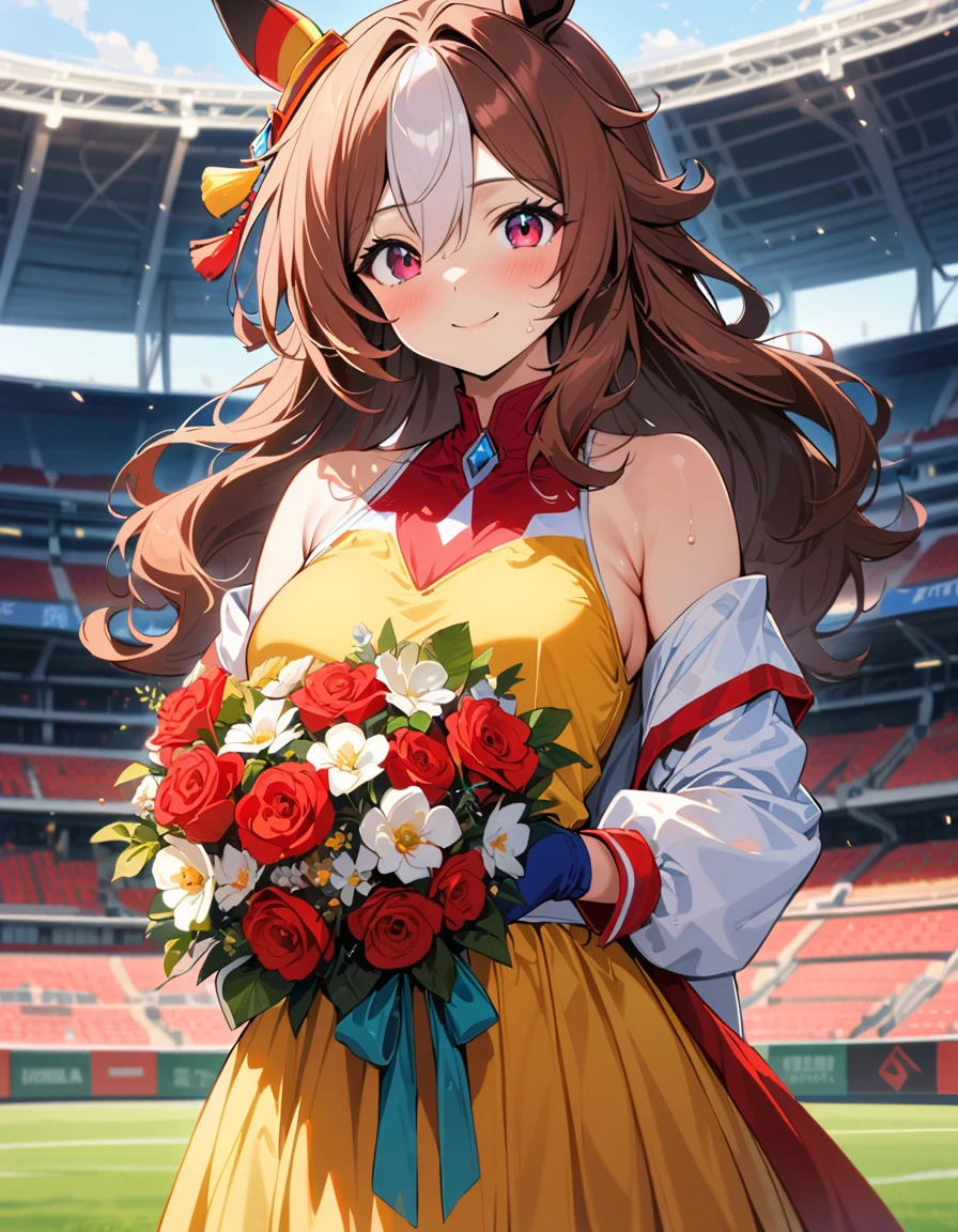 ((16k, highest quality, master piece: 1.2, super detailed, super high resolution, super detailed)), 1 girl, Copano Ricky \(umamusume\), beautiful detailed face, beautiful detailed eyes, soft expression, slim Beautiful figure, curvaceous, slender arms, graceful hands, delicate fingers, slim wrists, elegant neck, bare shoulders, smooth skin, Holding a bouquet, blue sky, on the grass, sweat, smile:1.6,Official costume, competition uniform, yellow dress, victory interviewRed frills, bare shoulders, long sleeves, wide cuffs, blue gloves, two red flowers on the waist,Winner interviews, stadiums, and podiums