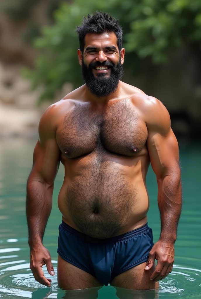 A smiling mature Persian boy naked in navy blue underwear bulge protruding standing in water, hairy chest and hairy body, hairy chest, wet hairy bodies, hair on the chest, hairy chest, sparse hair on the chest, hairy bodies, bare hairy chest, hairy body, very hairy bodies, body hair, fluffy chest, hairy torso, thick, hairy neck and chest fuzz, partially male hairy torso, hairy arms, next to a beautiful woman.