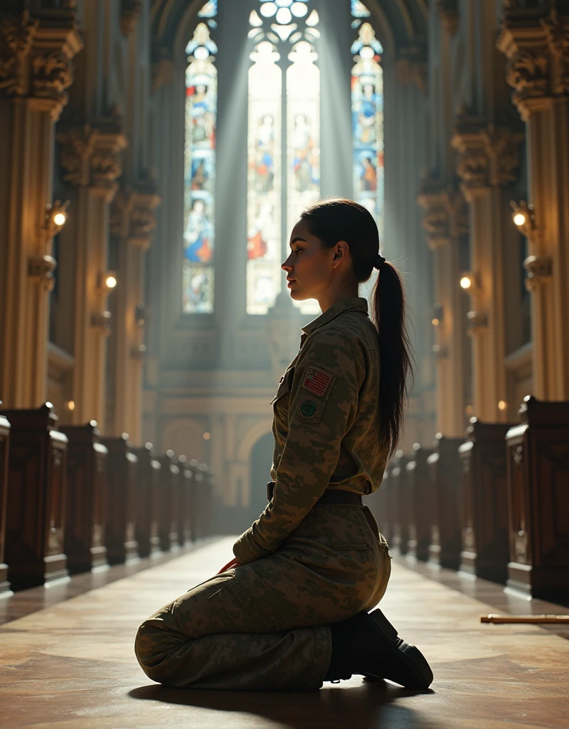 (Photorealism:1.2), sexy woman soldier, A girl praying in combat fatigues. Cathedral.