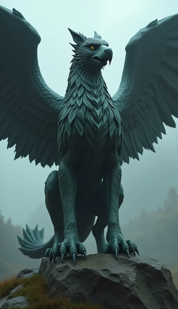 a mighty and dangerous griffin statue, (best quality,4k,8k,highres,masterpiece:1.2),ultra-detailed,(realistic,photorealistic,photo-realistic:1.37),mythical creature, large and imposing griffin statue, powerful claws and wings, fierce expression, stone or bronze material, intricate detailing, dramatic lighting, cinematic angle, epic fantasy scene, sweeping landscape background, moody colors, dramatic shadows, awe-inspiring