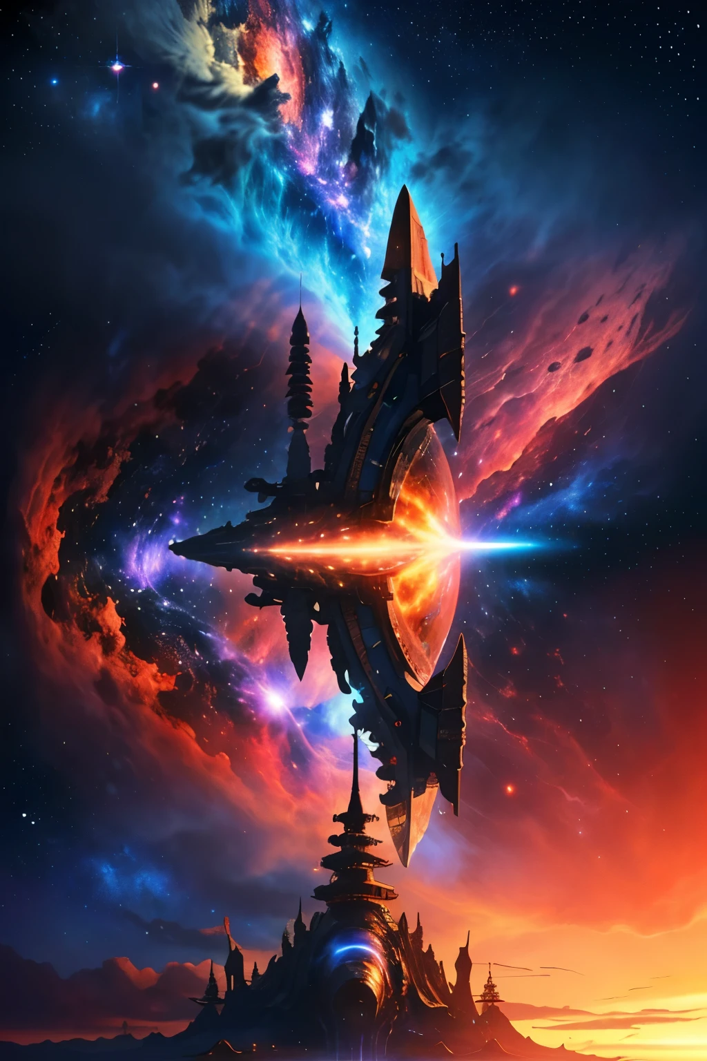 Super spaceship in the shape of a ship, ultra detalhada, a nebula in the distance
