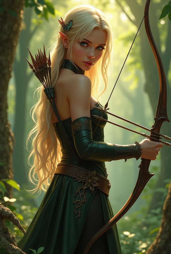 Women dark blond hair, fae, wirh bow, leather outfit