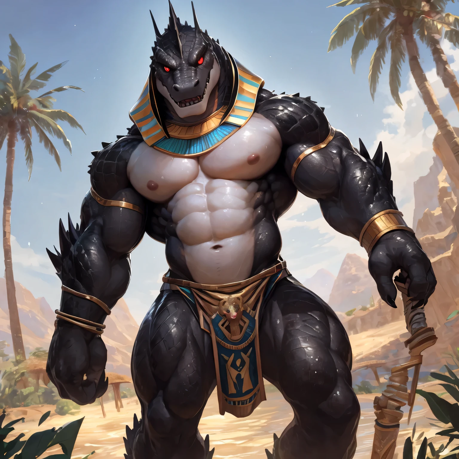 solo, male, humanoid, ultra details, alligator, ultra detailed muscles, black scales, white belly, standing up, black claws, red slit eyes, muscular, menacing, sexy, handsome, ultra detailed slit eyes, pecs, hind leg, tail, (Masterpiece, by null-ghost, ultra hi-res, 8k), wear ancient egypt accessories, naked torso, black colour loincloth, oasis, ancient Egypt landscape, Nile river, front point of view,