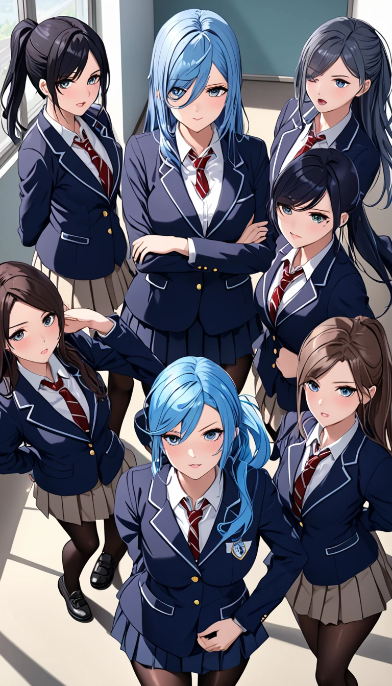 Highest quality、1 1 female、high school girl、Blue Hair、Long Hair、Dark Eyes、ponytail、Big Breasts、Parted bangs、Blazer type student uniform、A strong expression、Black pantyhose、Contrapposto、stand、Cross your arms