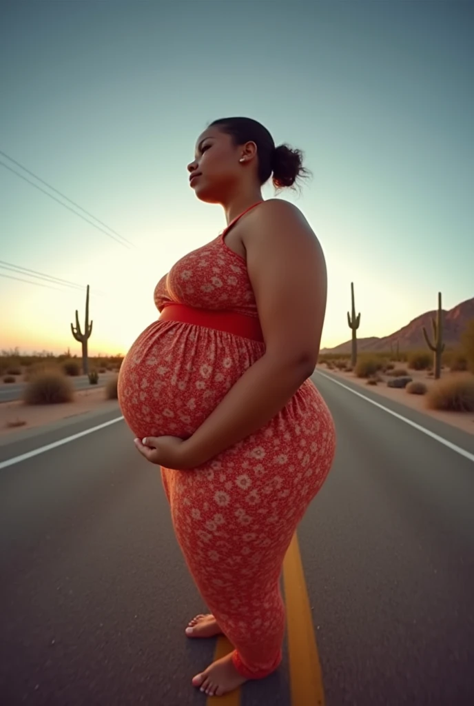 Pov fisheye camera view when you stroke the belly of plus size mother Roxi Red with a fat and curvy body who is 9 months pregnant while on the Arizona desert road, deer . HD 8K, cinematic, Photorealistic, fisheye camera view, iphone camera style, highly shapering, high detailed, masterpiece, mid length shot