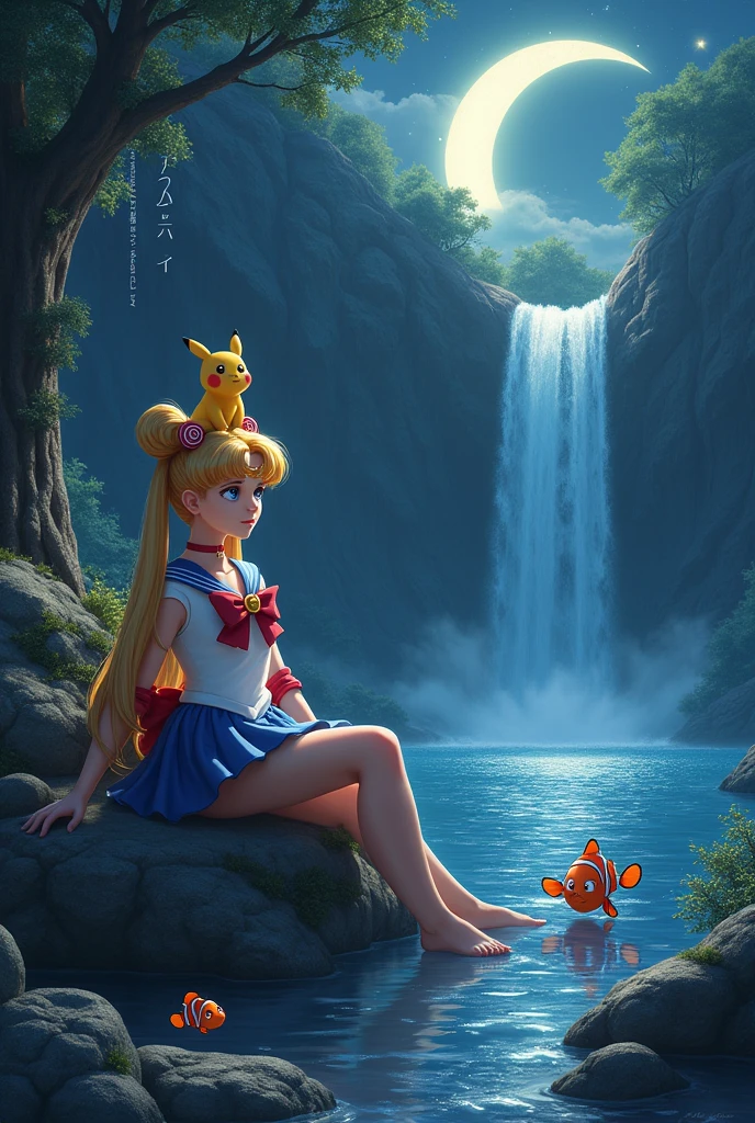 A dark sparkling natural setting with a crescent moon and a waterfall. Sailor Moon sits on a flat stone. Little Pikachu sits on her shoulders. Ariel emerges from the water. Nemo also looks out of the water