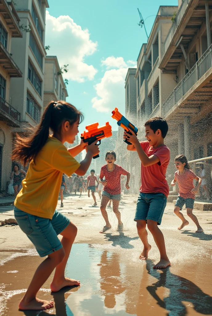 war in the sun with water guns, Social realism, Mannerism, Fujicolor, UHD, super detail