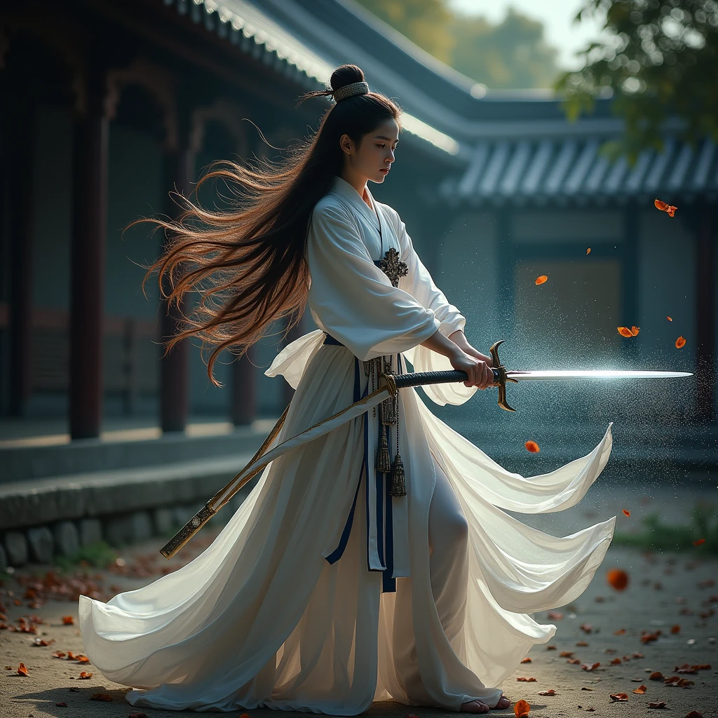 Prompt: A young Chinese woman with long hair is depicted traditional East Asian warrior. She is engaged in combat, wielding an ancient Chinese broadsword. Her body is surrounded by a shimmering silver aura that radiates outward. The dark background features elements of ancient East Asian architecture, such as tiled roofs and wooden columns. The outdoor scene includes natural elements like bamboo trees or shrubs. The lighting suggests an early morning or late afternoon, creating a serene yet mysterious atmosphere. Scattered leaves add to the sense of movement and tranquility. take off armor, pe on ground, show real pussy, show real vagina , show real breast, nude, nake