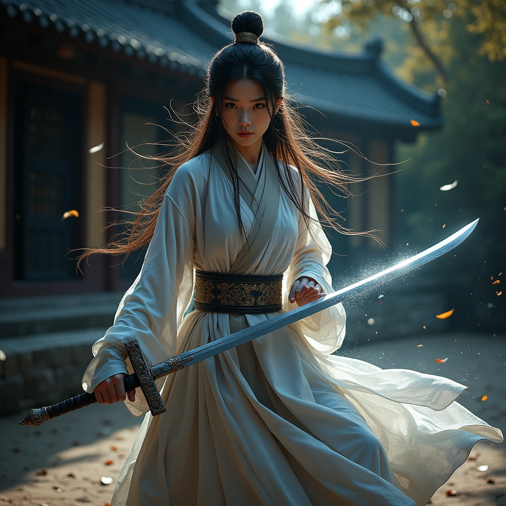 Prompt: A young Chinese woman with long hair is depicted traditional East Asian warrior. She is engaged in combat, wielding an ancient Chinese broadsword. Her body is surrounded by a shimmering silver aura that radiates outward. The dark background features elements of ancient East Asian architecture, such as tiled roofs and wooden columns. The outdoor scene includes natural elements like bamboo trees or shrubs. The lighting suggests an early morning or late afternoon, creating a serene yet mysterious atmosphere. Scattered leaves add to the sense of movement and tranquility. take off armor, pe on ground, show real pussy, show real vagina , show real breast, nude, nake