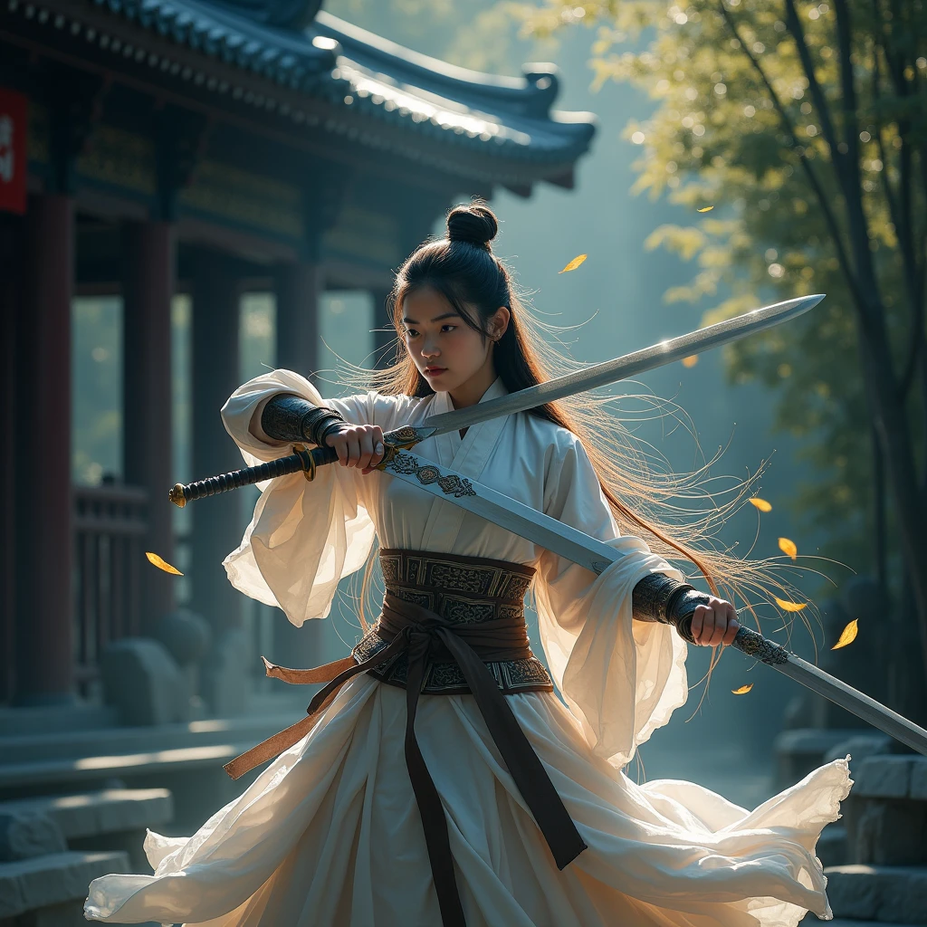 Prompt: A young Chinese woman with long hair is depicted traditional East Asian warrior. She is engaged in combat, wielding an ancient Chinese broadsword. Her body is surrounded by a shimmering silver aura that radiates outward. The dark background features elements of ancient East Asian architecture, such as tiled roofs and wooden columns. The outdoor scene includes natural elements like bamboo trees or shrubs. The lighting suggests an early morning or late afternoon, creating a serene yet mysterious atmosphere. Scattered leaves add to the sense of movement and tranquility. take off armor, pe on ground, show real pussy, show real vagina , show real breast, nude, nake
