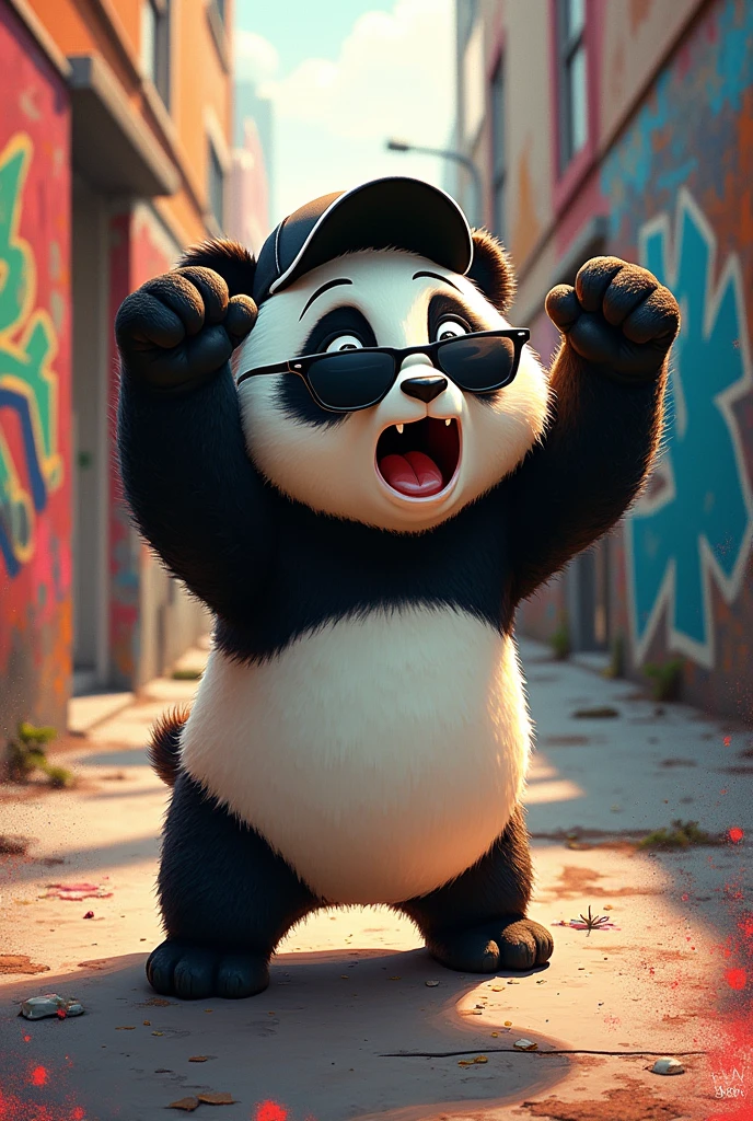 An animated graffiti-style panda with black sunglasses and a backwards cap,hands on head demonstrating "EMOTION"