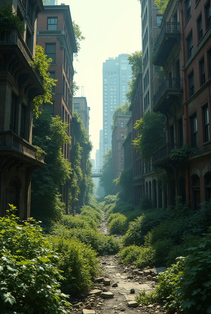 Je veux une photo ultra realiste de New York en mode urbex et en ruine envahit par une végétation luxuriante, on dirait une vraie photo, tout est détruit et cassé
