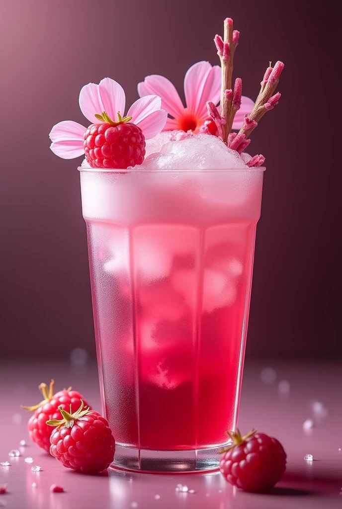 create a lotso bear drink (vilão de toy story), would be raspberry and pink vodka, It would be pink( contrast from light pink to a darker pink) with two pink flowers (clear) and two pink “bushes” too (a little darker) ice in the shape of balls, gelo seco (little effect), burgundy cup REALISTIC IMAGE