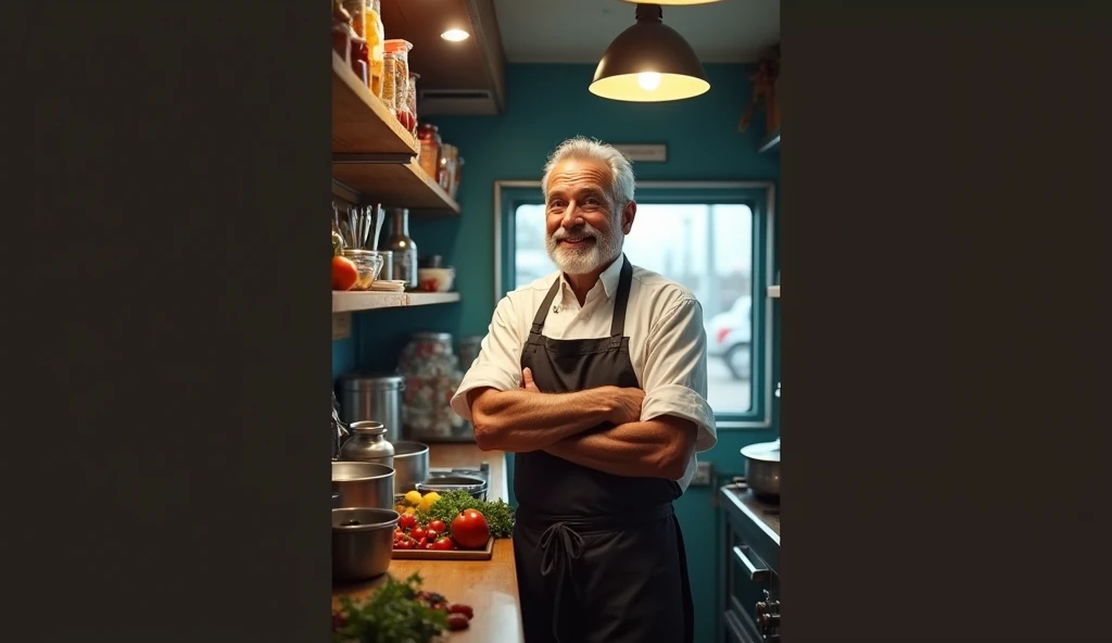 Smiling old man chef in food truck very realistic 8k without a chef hat