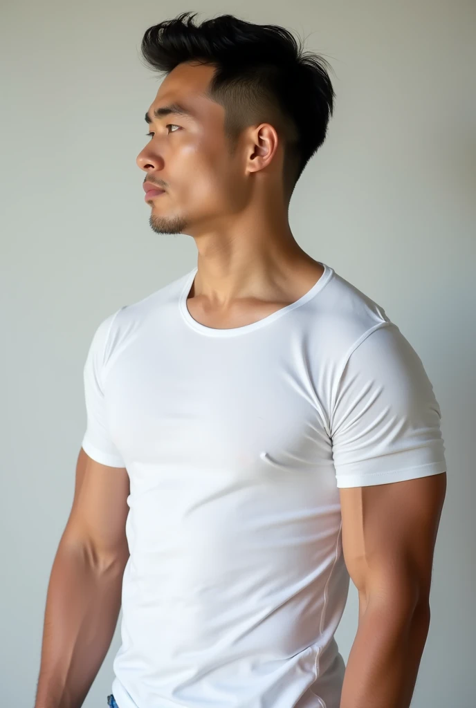 Light skin asian man, muscular with large pecs, side view side profile from waist up wearing tight white t-shirt