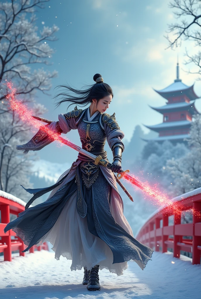 (masterpiece, best quality, beauty, best ratio, best shadows,best Illustration, wallpaper size,1080×2400 pixels,detailed face,pastel colors)
uhd, china female kungfu, korean beauty like tae yon, dancing, full posture fully visible, shining blue eyes, windblown short hair, wear black and white full general armory leather, hand holding dual sword emits red energy, on top the snowing china red bridge. blue sky, red pagoda and snowflake seen on far away.use the RenderMan renderer.digital art.High definition, high contrast, high color saturation ,128k,cinematic lighting, intricate,cinematic advertising photograph,cinema lens,high res.