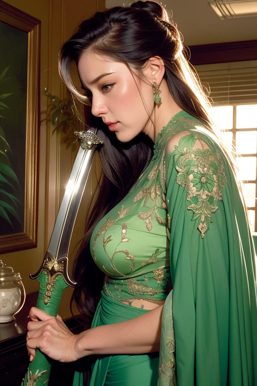A woman dressed in green stands in a room holding a sword, Highly detailed art gems, Vrop Rosdroze, artgerm details, Style Art Germ, Allie Fell and Artgerm, Art Jam and Wallop, Artgerm and Lost Rose, Art James' Style, Lost draw 1. 0, WLOP and Artgerm,(((Pose: A woman with legs spread 120 degrees apart, hands behind her head in a squatting position,)))),((She smiles sweetly and looks at me)),((((Height 2mIt sits on a transparent glass table.,2mShooting from below)))),