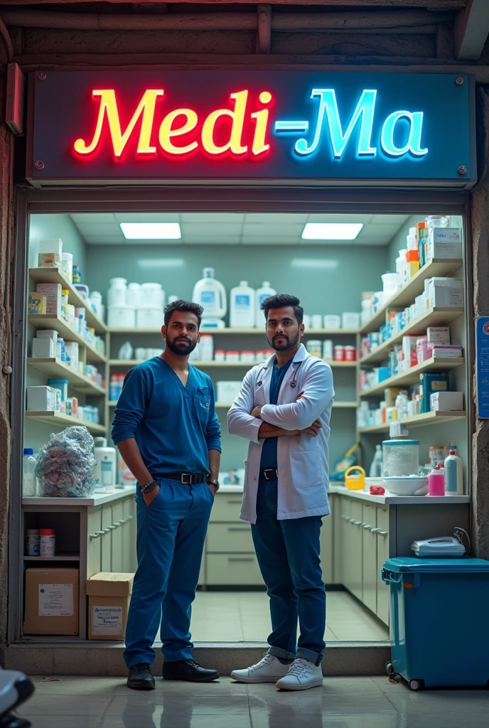 A medical shop which name is medi-ma with two business man one name is piyush and second name is shubham. Stand like business owner