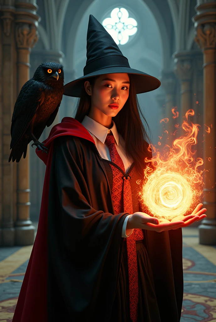 photo, asian woman, white skin, Facing straight, Fluffy black hair, Long slender fingers, Black witch cloak, Red Hood, black witch hat, White collared inner shirt, Red and white patterned tie, There is a fireball in his hand., There were several red sparks and red smoke coming out of his hand., A black owl stands on the right shoulder., A large golden lion appeared from the left rear side., The background is an old black European style castle.