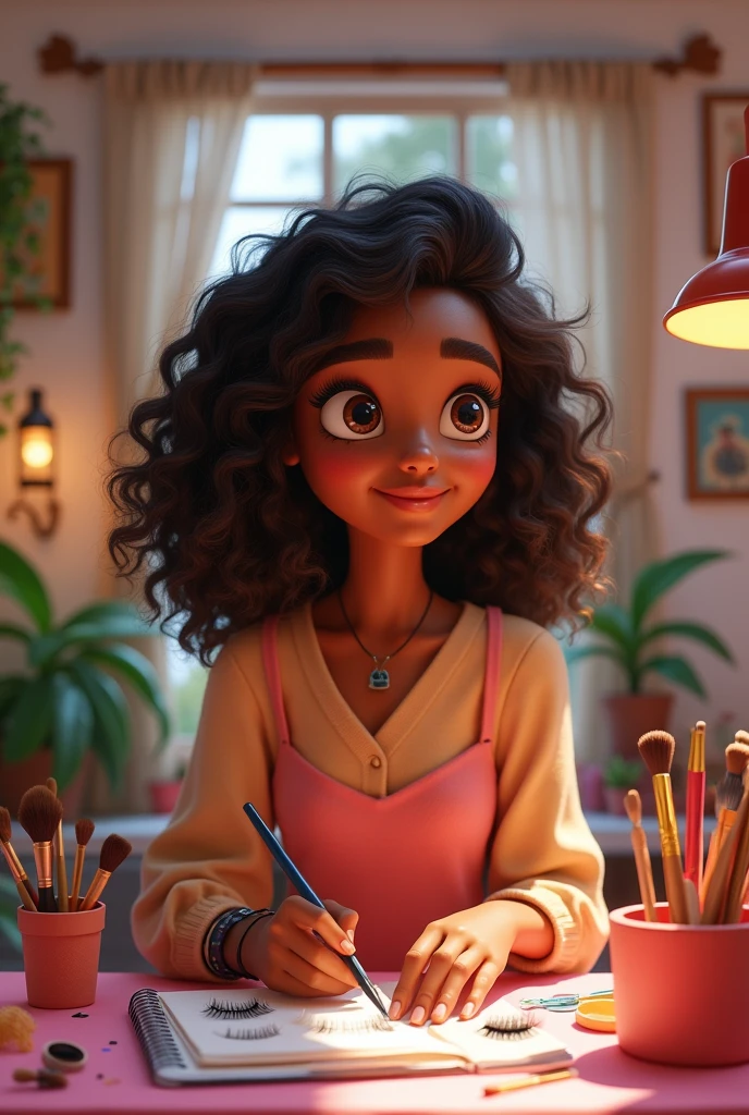 Create a pixar-like image of a dark-skinned girl with medium-long curly hair who is an eyebrow and eyelash designer and her name is Gaby 
