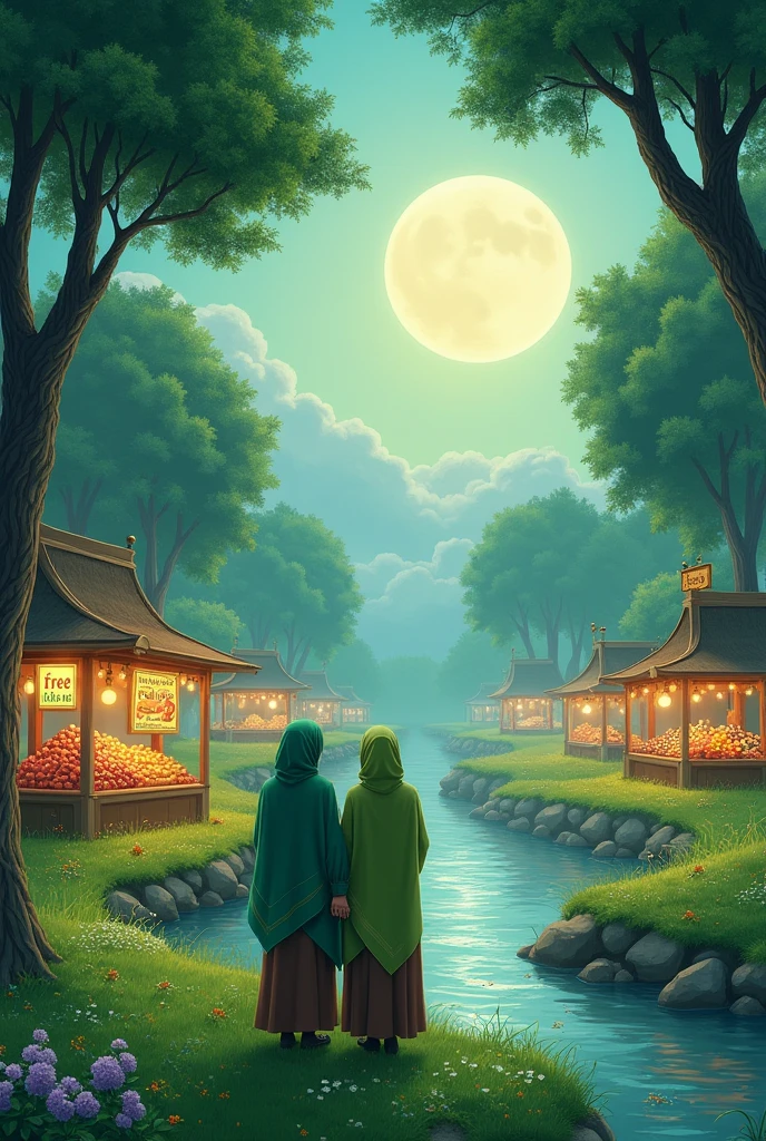 Massive green field , flowing river of fresh water, full moon on the sky, mapple trees on the river side, couple are in green hijab are gossiping in heaven besides them a shop of fruits, sweats, ornaments, every shop titled that free
