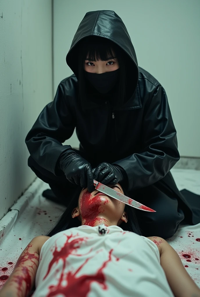 korean girl, (behind stiff, holding knife), stabbing, leather balaclava mask, black gloves, bloody room, black raincoat, bloody knife, black gloves, woman on top, white room, behind cadaver, blood splatter, on the bed, looking at viewer, mass murderer, killer, blood splatter, close-up,
