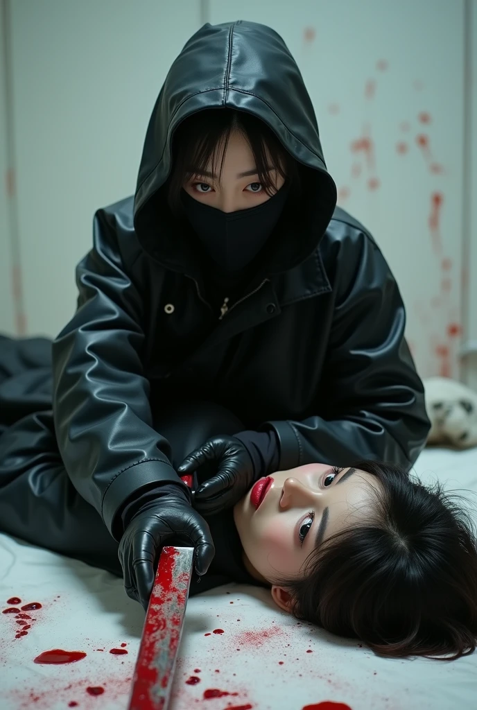 korean girl, (behind stiff, holding knife), stabbing, leather balaclava mask, black gloves, bloody room, black raincoat, bloody knife, black gloves, woman on top, white room, behind cadaver, blood splatter, on the bed, looking at viewer, mass murderer, killer, blood splatter, close-up,