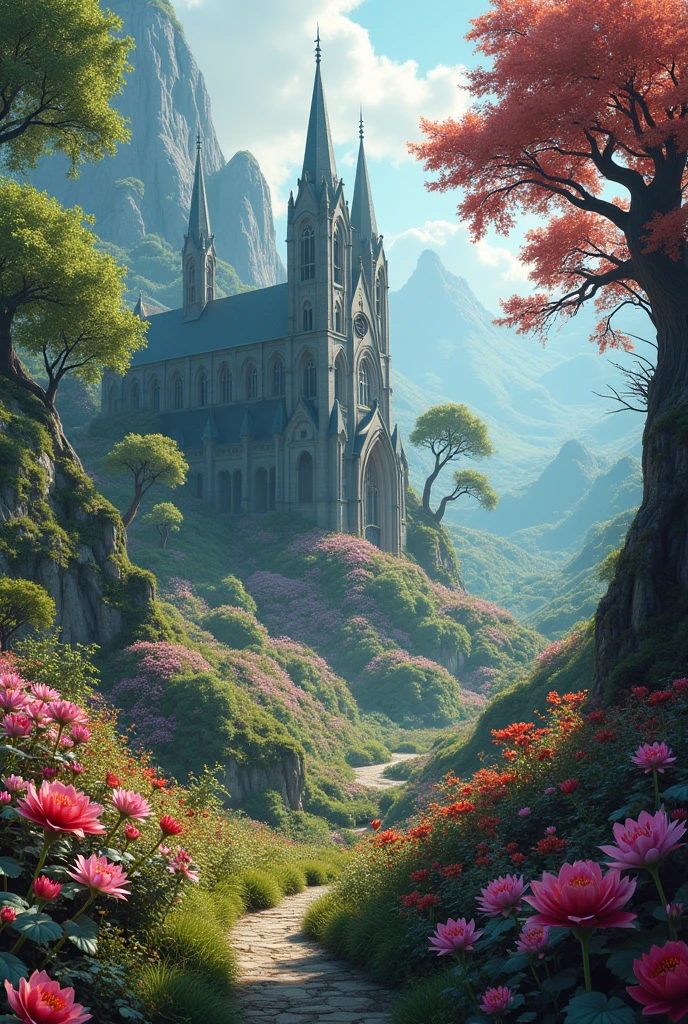 Gigantic garden with various magical flowers and a chapel in the center