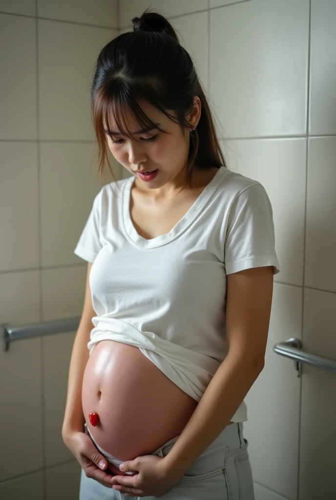 Japanese pregnant high school girl wearing a t-shirt giving birth to a baby while moaning and leaking amniotic fluid in the bathroom