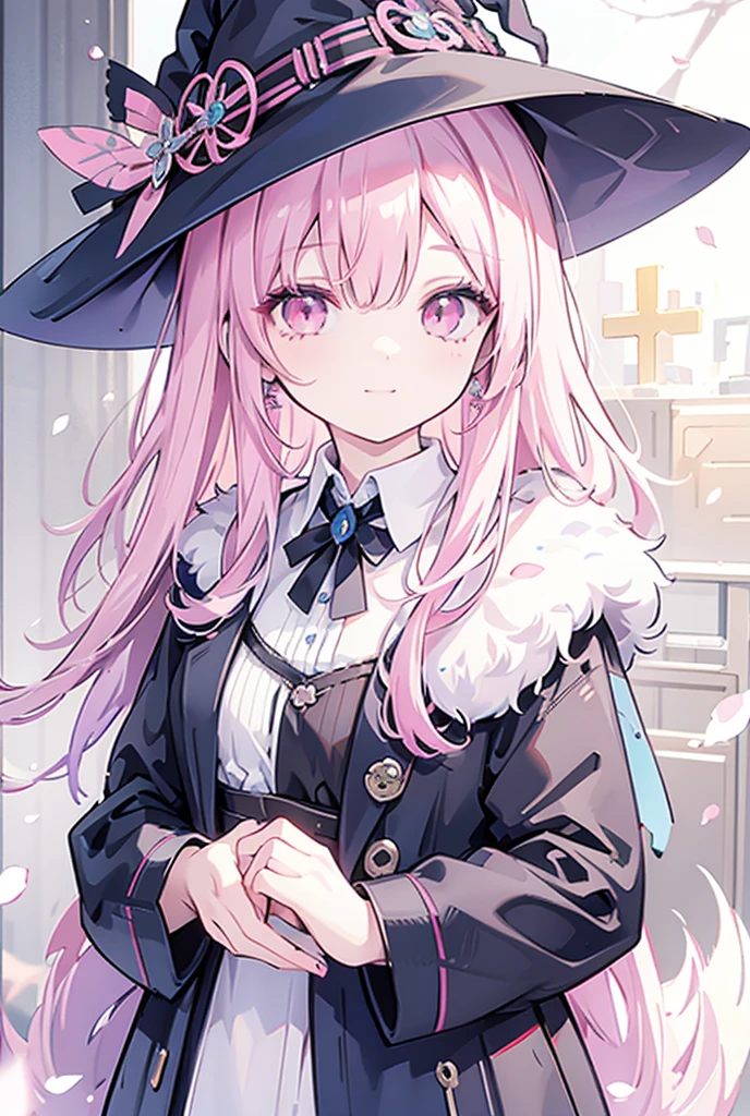 1 , detail, multi-colored hair, hair over one eye, medium hair, Caught on both sides, aretes, pink eyes, make-up, happy/glad, witch's hat, anime styling,