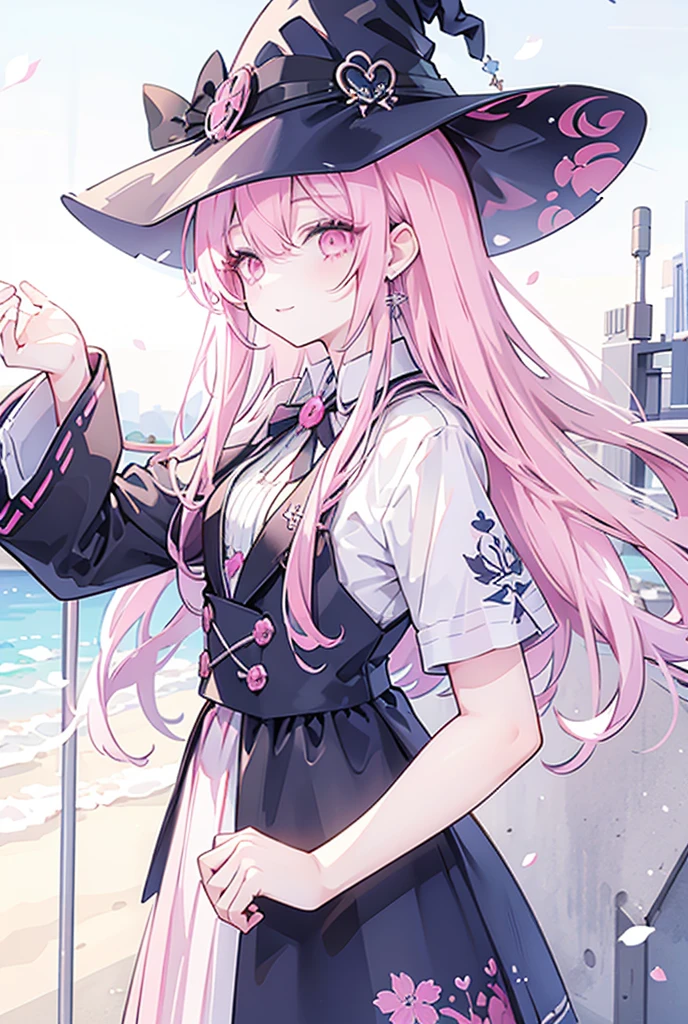 1 , detail, multi-colored hair, hair over one eye, medium hair, Caught on both sides, aretes, pink eyes, make-up, happy/glad, witch&#39;s hat, anime styling, 