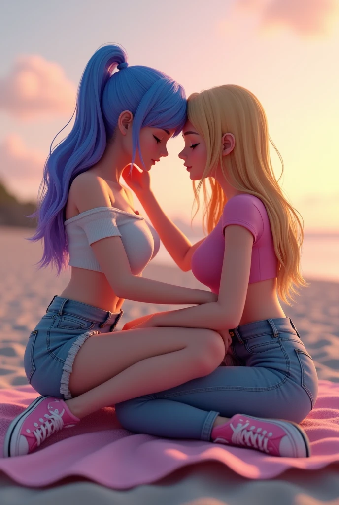 3d art of two girlfriends, one with blue hair with purple highlights and the other blonde with straight hair. The blonde is wearing a casual feminine look., pink with jeans. The one with blue hair wears a denim mini skirt and a white crop top., both pink all star. They are on the beach at dusk, sitting on a bath towel, the blonde is lying on the blue-haired one as she strokes her blonde hair. 