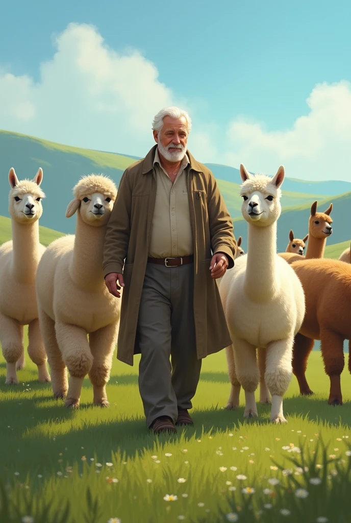 Kind man caring for alpacas guiding them to green grass
